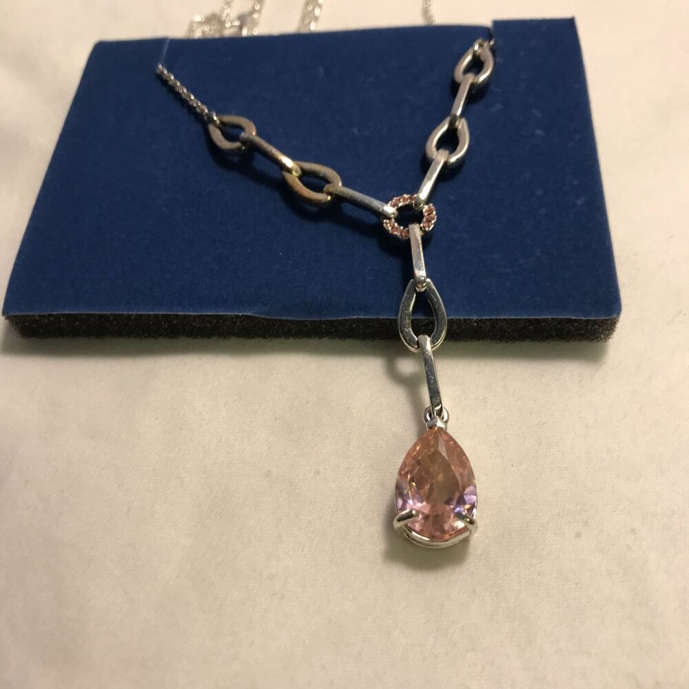 Avon Silvertone Y‎ Necklace With Light Rose CZ Teardrop